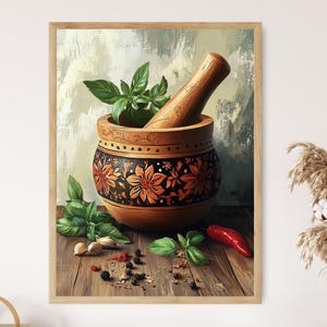 Impresión artística de Pilón puertorriqueño con diseños florales, póster de decoración de cocina tradicional