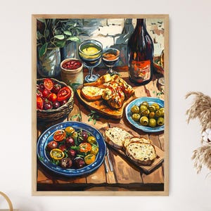 Catalan Cuisine Art Print | Traditional Tapas, Rustic Table Setting, Vibrant Food Illustration, Mediterranean Flavors, Culinary Art Decor