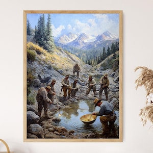 Kalifornischer Goldrausch Kunstdruck, Bergleute in der Gebirgskette von Nevada, amerikanische Geschichte