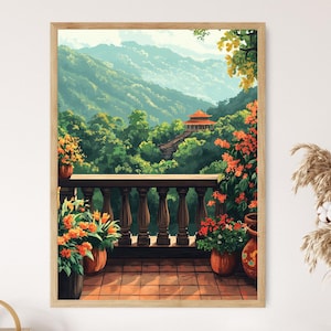 Kandy Dach Terrasse Kunstdruck, Traditionelles Sri-Lankisches Poster