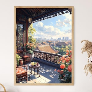 Beijing Rooftop Patio Art Print, Red Lacquer Decor Poster, Chinese Lattice Screen Illustration