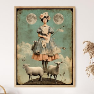 Lámina artística de la Dama del Tarot Mística, decoración de pared con collage vintage surrealista, ilustración de la fase lunar con ovejas y cartas.