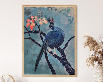 Japanese Woodblock Bird Print: Vintage-Inspired Home Decor