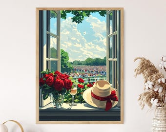 Kentucky Derby Window Poster, Churchill Downs View, Mint Julep and Roses Art Print