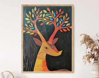 May include: A framed artwork featuring a stylized deer with tree-like antlers. The deer is rendered in warm tones of yellow, orange, and red, with a textured pattern. The antlers display colorful leaves against a dark, textured background.