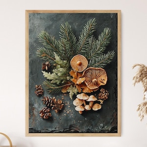 May include: A framed artwork featuring a still life composition of natural elements. The image showcases green pine needles, brown mushrooms, autumn leaves, and pine cones. The artwork is set against a dark, textured background, and framed in a light wood.