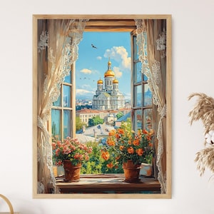 Impresión artística de ventana rústica de la catedral de Sofía, póster de herencia búlgara
