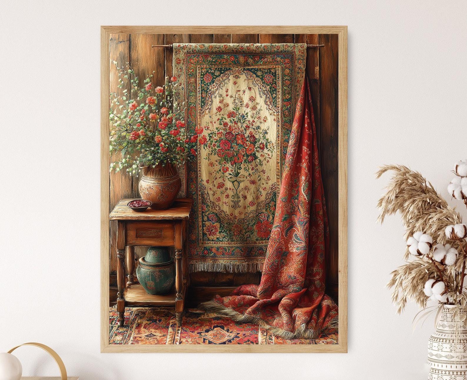 恋人たちのランデブー】パキスタン手織りウールタペストリー白黒の鳥絵壺