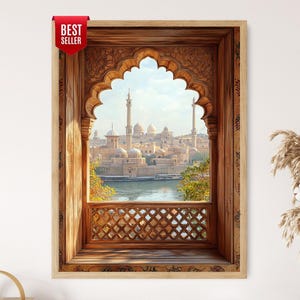 May include: A framed wall art print featuring a view through an ornate wooden archway looking out onto a cityscape with domes, minarets, and a river. The frame is light wood, and a red tag in the top left corner displays the text BEST SELLER.
