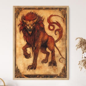 Manticore Bestiary Illustration, Medieval Persian Myth, Illuminated Manuscript Art Print
