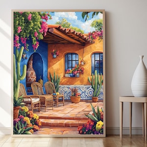 Mexikanische Terrasse Dekor Kunstdruck, Talavera und Kaktus Poster, lebendige rustikale Illustration