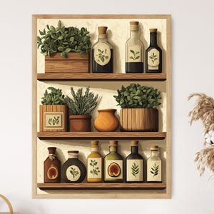May include: A framed print featuring three wooden shelves filled with potted herbs, small vases, and decorative bottles. The bottles have cork stoppers and labels with botanical illustrations. The color palette includes greens, browns, and creams, creating a rustic, farmhouse aesthetic.