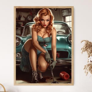 Vintage Rockabilly Pin-Up Poster, Retro 50s Art Print, Car Mechanic Decor