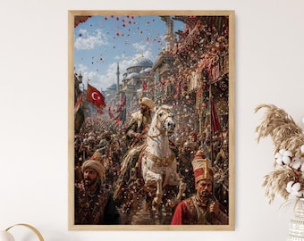 Può includere: Una stampa artistica incorniciata che raffigura una scena storica con una figura a cavallo di un cavallo bianco in una strada affollata. L'ambientazione presenta un'architettura ornata, bandiere turche e petali di fiori che cadono.