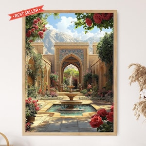 Lámina artística de jardín persa, paisaje iraní tranquilo
