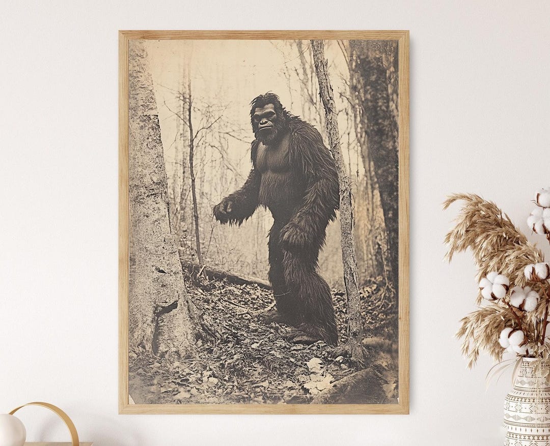 Vintage Bigfoot Print: Sepia Sasquatch in Woods, Cryptid Wall Art