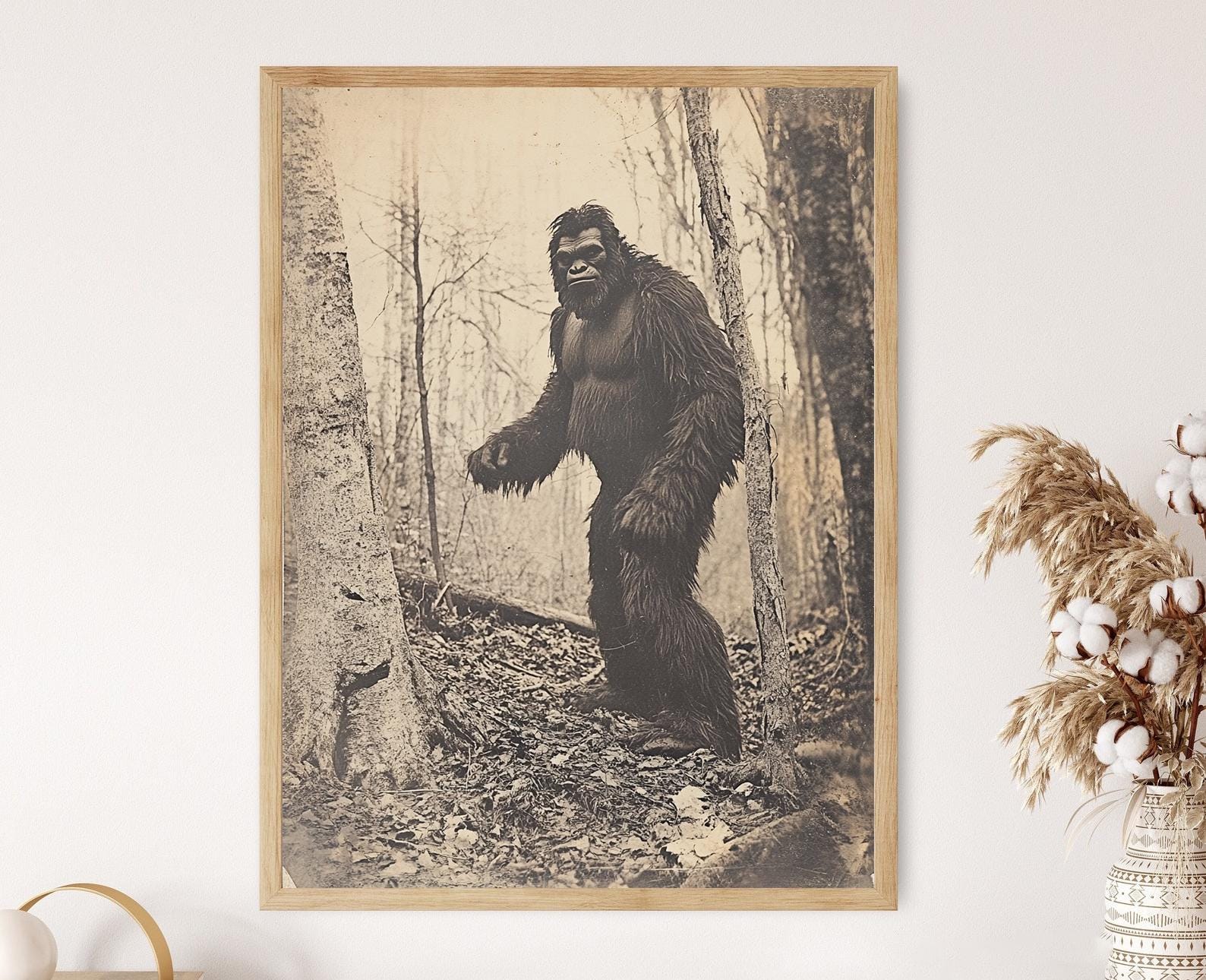 絵画 BIGFOOT Vintage Bigfoot Print: Sepia Sasquatch in Woods, Cryptid Wall Art