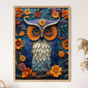 May include: A colorful mosaic owl with blue, orange, and green feathers surrounded by flowers. The owl has large, round eyes and a detailed design.