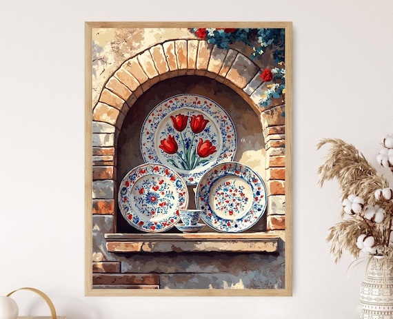 トルコ工芸品 絵皿　飾り皿　イスタンブール　版画　オスマン帝国 トルコのチューリップ陶器アートプリント：イズニック皿、オスマン帝国