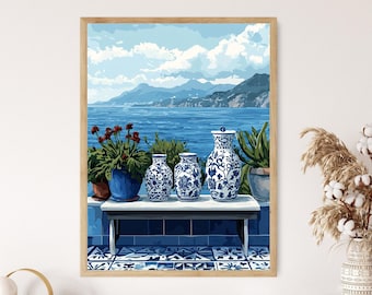 Blue Azulejo Tile Art Print: Portuguese Pottery Coastal Design
