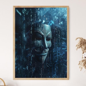 May include: A framed art print showcasing a Guy Fawkes mask in blue and teal hues, set against a digital binary code background. The artwork is presented in a wooden frame, ideal for wall decoration.