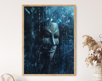 Stampa artistica con maschera da hacker anonimo: decorazione murale all'avanguardia per la sicurezza informatica