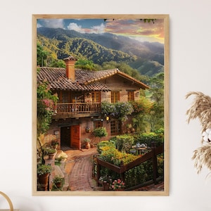 Nostalgic Colombian Villa Print, Vibrant Wall Art for Living Room, Elegant Gift for Art Lovers