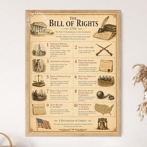 May include: A framed poster titled The Bill of Rights 1791, featuring the first ten amendments to the Constitution. The document has a vintage parchment background with illustrations for each amendment, including a courthouse, rifles, a warrant, a scale of justice, a ball and chain, and a map of the United States.