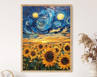 May include: A painting of a field of sunflowers with a swirling blue and yellow sky in the background. The sunflowers are in various stages of bloom, with some facing the viewer and others facing away. The sky is painted in a style reminiscent of Van Gogh's Starry Night.