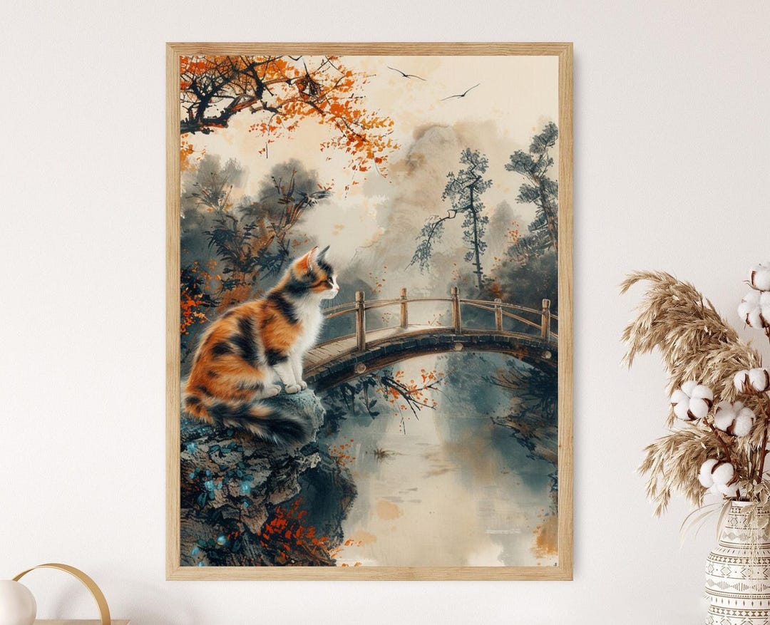 Cat in Zen Garden Japanese Ink Painting, Serene Zen Art for Home Decor ...