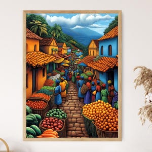 Sierra Leone Marketplace Illustration, Colorful Farm Market Painting, African Fruit Art, Wall Art for Kitchen, African Restaurant Decor