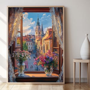 Ilustración de la ventana abierta de Subotica, ayuntamiento de estilo Art Nouveau con cortinas y flores silvestres