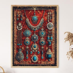 Könnte beinhalten: Eine Vintage-Illustration einer Sammlung von verziertem Schmuck mit türkisfarbenen Edelsteinen und goldenen Akzenten. Der Schmuck wird auf einem roten Samt-Hintergrund mit komplizierten Mustern präsentiert.