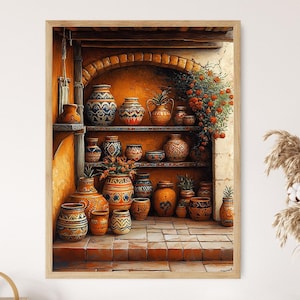 May include: A framed print featuring a collection of decorative ceramic vases and pots. The vessels, in various sizes, are displayed on shelves within an arched alcove. The color palette includes warm tones of orange, brown, and blue, with intricate patterns.