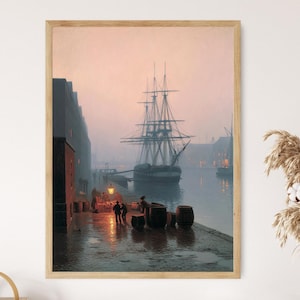 May include: A painting depicting a tall ship docked at a harbour in the evening. The ship is silhouetted against a pale pink sky. There are people on the dock in the foreground.