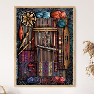 May include: A framed artwork featuring a detailed illustration of weaving tools and materials. The image showcases a wooden loom, spools of thread, and colorful yarn balls in shades of blue, orange, and red. The artwork has a rustic, handcrafted aesthetic.