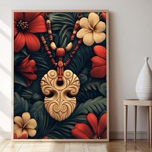 Maori Hei Matau bot snijwerk Art Print | Nieuw-Zeelandse poster met cultureel decor met bloemenachtergrond en symbolische ontwerpen
