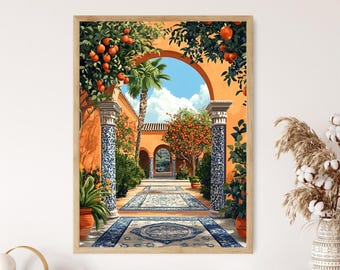 Pavillon andalou avec carreaux de mosaïque et grenadiers, art de la cour du jardin mauresque espagnol