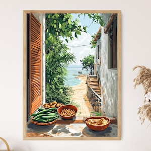 May include: A framed print depicts a coastal scene viewed through a window. The window reveals a beach, ocean, and buildings. Bowls of produce sit on the windowsill. The artwork is in a warm color palette with greens, browns, and blues.
