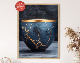 Japanese Kintsugi Art Print, Golden Pottery Repair Design, Cultural Decor, Traditional Japanese Craft, Cracked Ceramic Wall Art