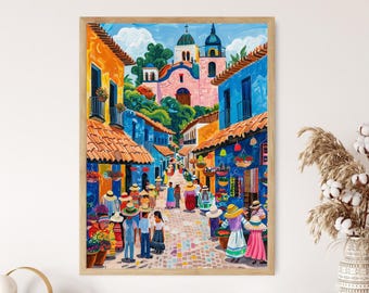 Pintura de una escena de mercado de San Salvador, lámina de artesanías tradicionales y cerámica.