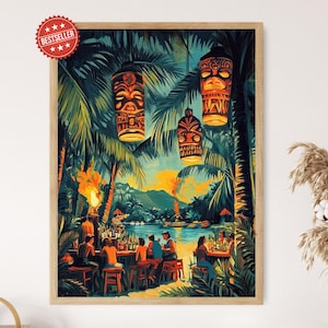 Vintage Hawaiian Tiki Bar Art Print, Patrons and Flaming Torches