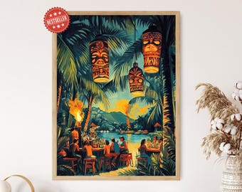 Vintage Hawaiian Tiki Bar Art Print, Patrons and Flaming Torches