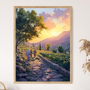 May include: A painting of two people walking on a stone path through a vineyard. The path leads to a mountain range in the distance. The sky is a vibrant orange and yellow, with clouds in the sky.