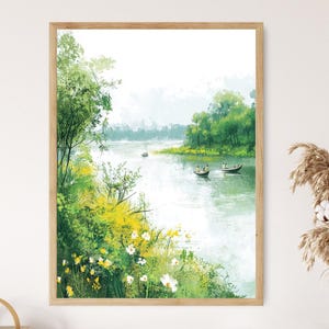 May include: A watercolour painting depicting a river scene with green trees and yellow flowers lining the banks. The river is tranquil and reflects the sky. There are small boats with people in them on the water.