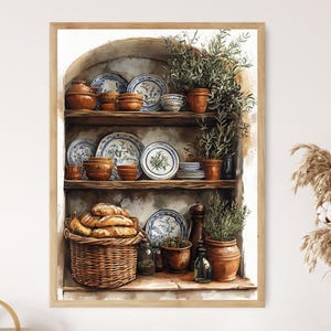 Ilustración de cocina rústica, motivos mediterráneos y lámina de cerámica