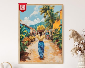Haitian Market Scene Art Print: Caribbean Woman with Bananas