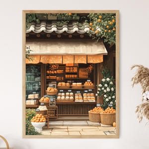 Chuseok Reis Kuchen Shop Poster, koreanische Ernte Schaufenster Kunstdruck, flache Vektor Urlaub Marktszene