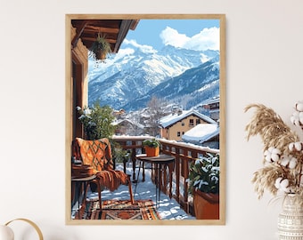 Bansko Rooftop Patio Art Print, Bulgarian Winter Decor, Mountain Retreat