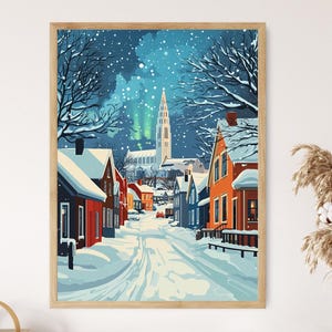 Stampa artistica invernale di Reykjavik, decorazione del paesaggio urbano innevato dell'Islanda, arte murale dell'aurora boreale